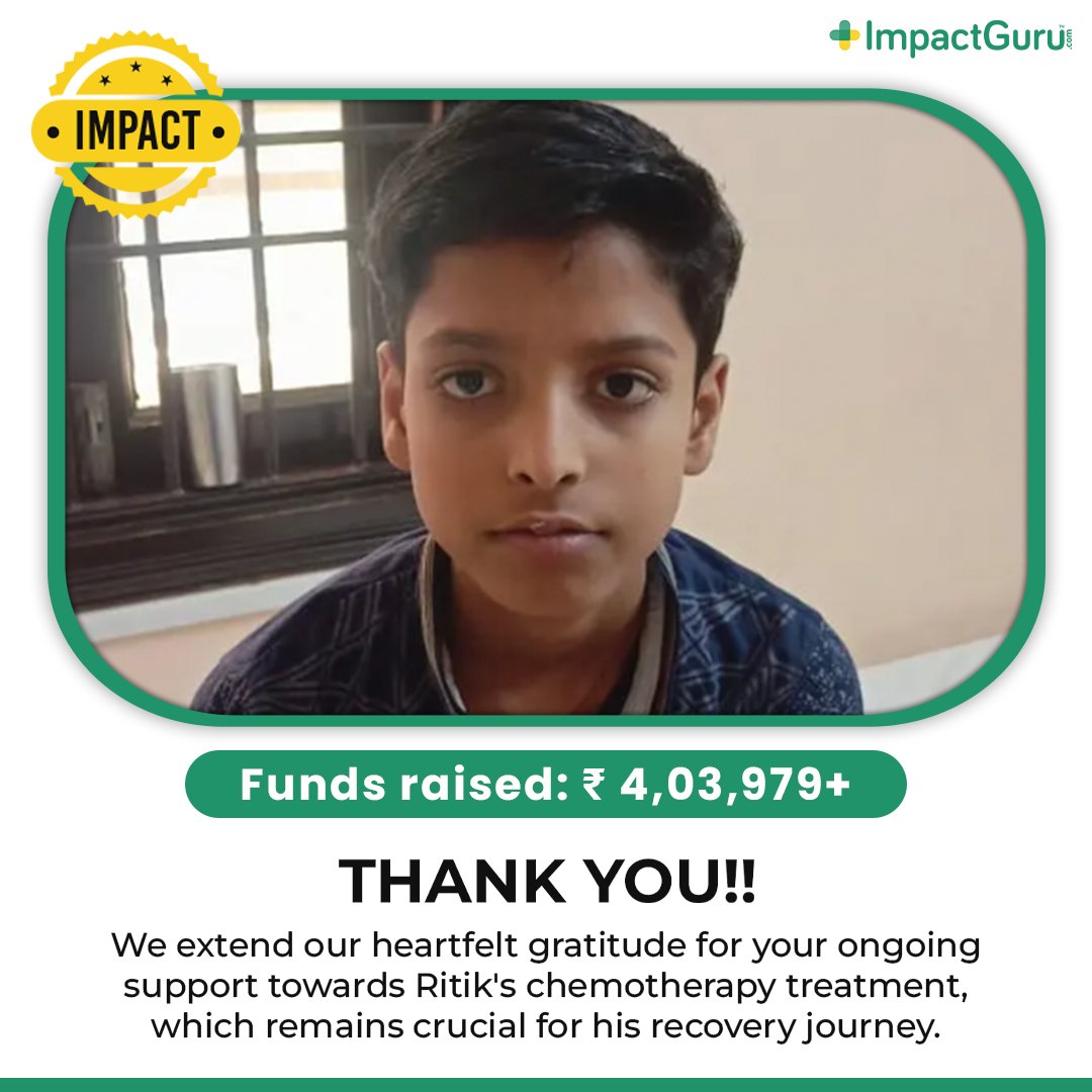 Making a difference, one life at a time. Together, we can help Ritik overcome his medical challenge and bring hope to his family. Contribute now: bit.ly/4bzFazL #ImpactGuru #Milestone #Support #HopeForRecovery