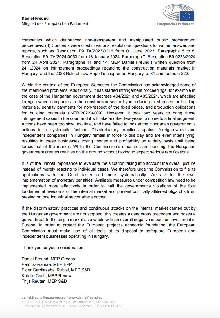 The EU-Commission must take action to protect European businesses from discriminatory action by the Orban government. Our letter to @vonderleyen 👇