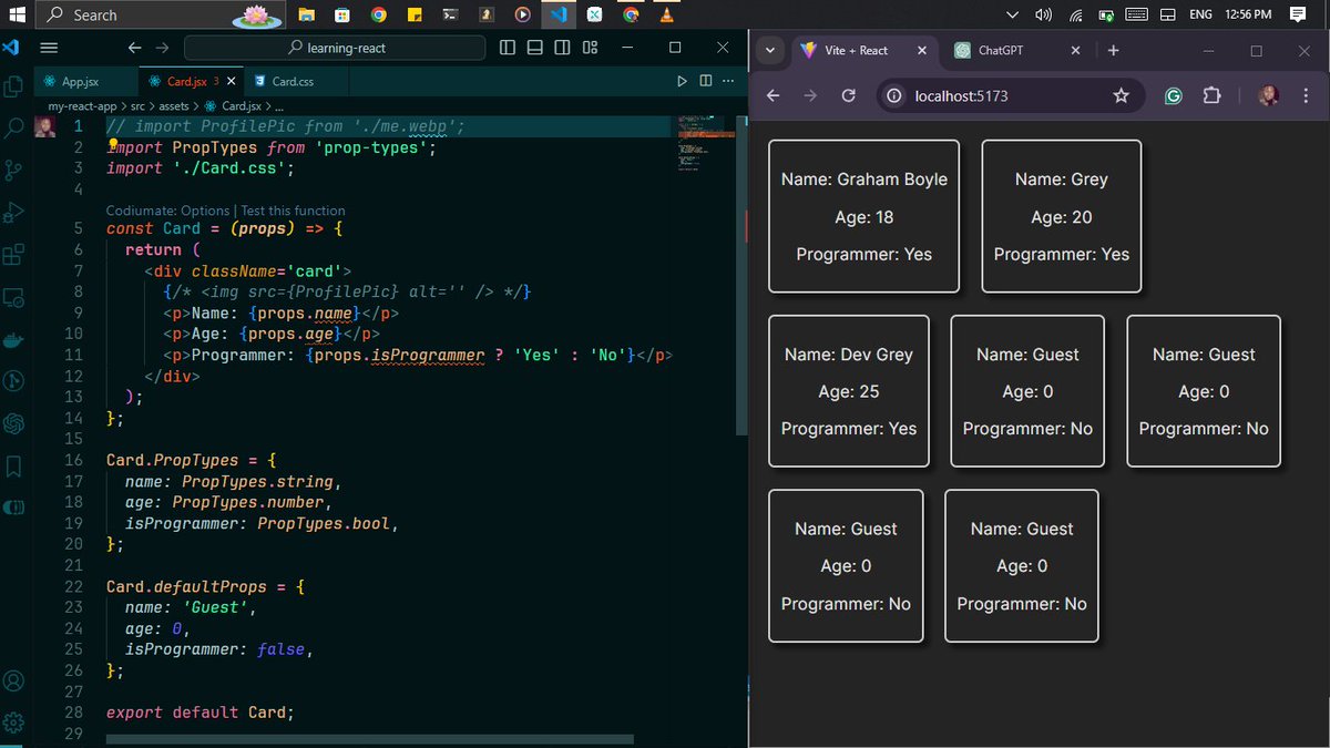 Day 11 & 12 of #100daysofcoding 
Learning #reactjs 

Learned how to use Props,  PropTypes, and defaultProps.

#buildinpublic