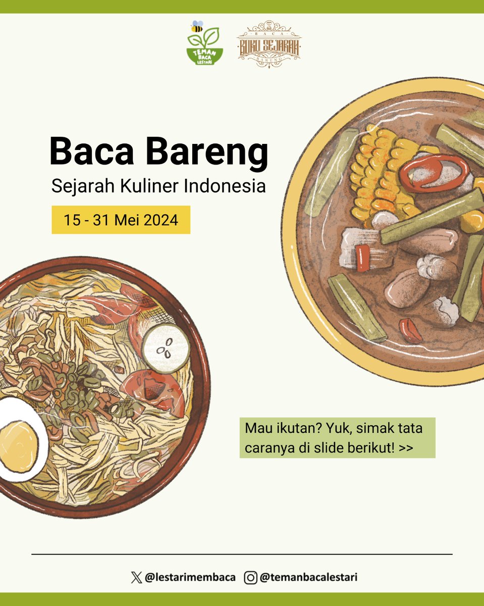 lestarimembaca's tweet photo. Indonesia memiliki ragam kuliner yang kaya dari Sabang sampai Merauke. Kuliner tak semata-mata bermakna hidangan, tetapi kuliner menceritakan siapa kita dan dari mana kita berakar. Menyusuri sejarah kuliner merupakan cara menemukan identitas diri dan budaya kita. https://t.co/W4qb25cJzB