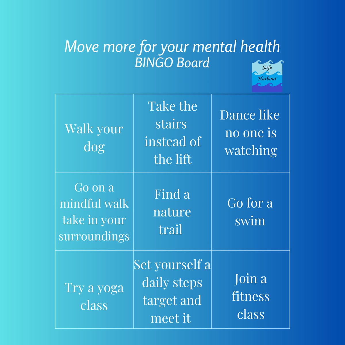 Today marks the beginning of mental health week and we thought that we'd start the week off with a game of BINGO! This year the focus is on moving more for your mental health. How many of the boxes can you get this week?