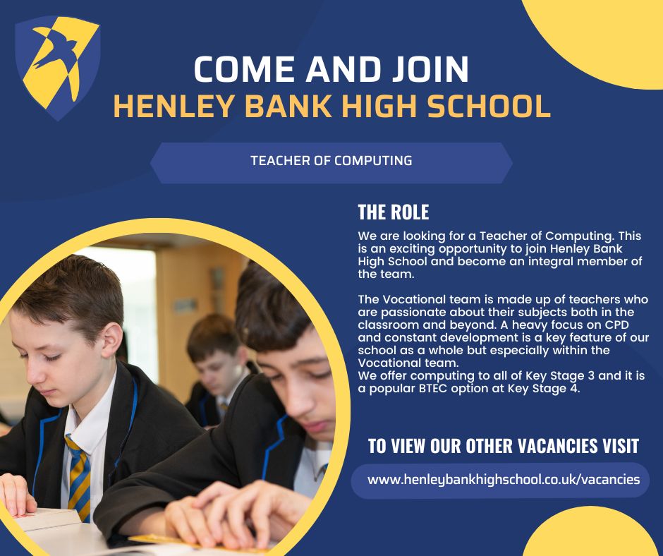 We are recruiting a Teacher of Computer Science to join our school. Closing Date: 17/05/2024 To apply and for more info, please visit: buff.ly/3HOvowT #HBHSCareers