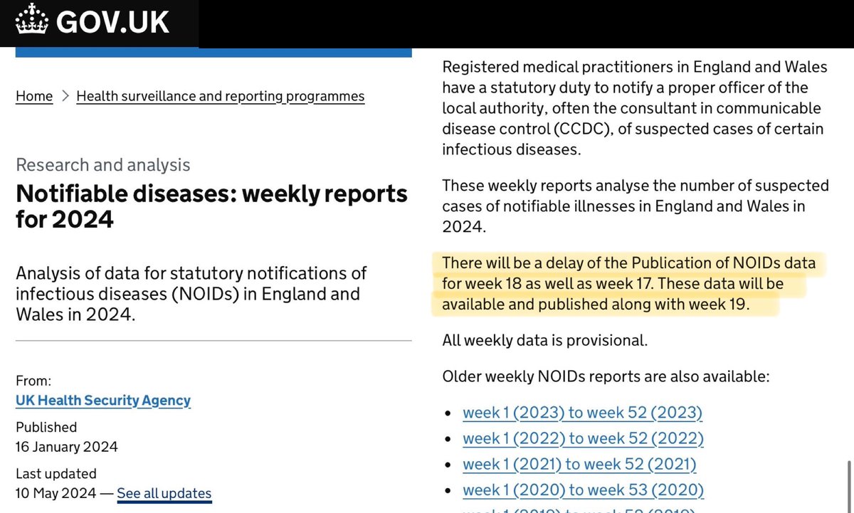 For anyone following the weekly NOIDS data issue, UKHSA have now provided an update confirming that the missing data for weeks 17 and 18 will be published later this week along with the data for week 19…