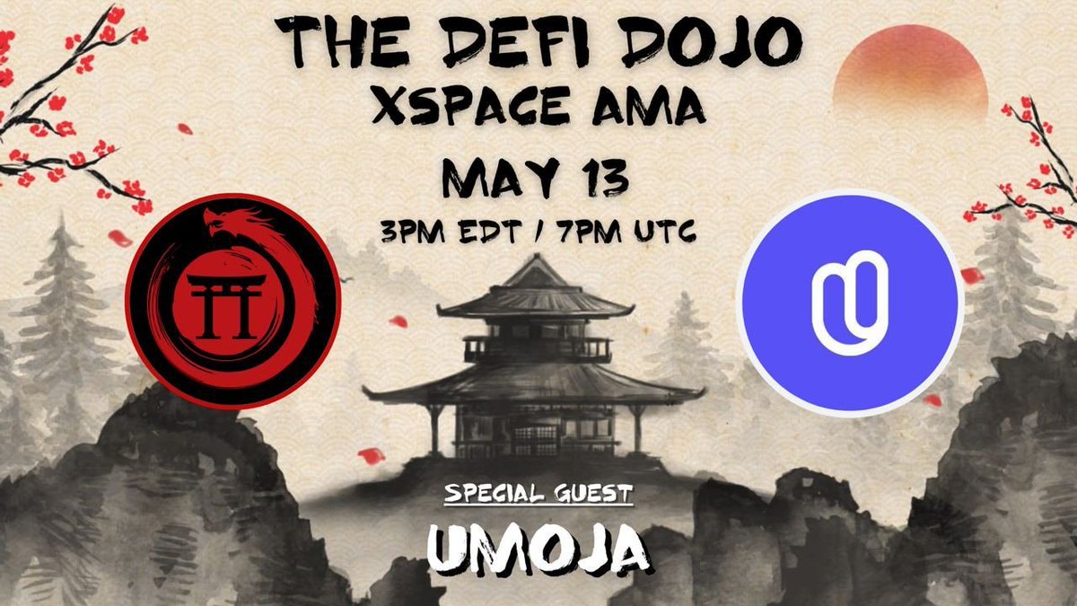 gmoja, Umojans! Don't forget to set your reminders for today's AMA with @defidojo_ 🐻⛩️ → x.com/i/spaces/1odkr… Our Founder @robtg4 will be spilling everything you need to know about Umoja + maybe some juicy alpha ahead of our $1,500,000 raise this week! 😅🔥