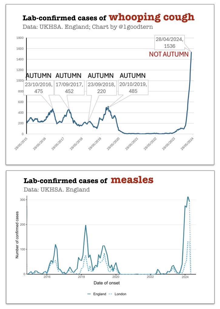 With lab-confirmed cases of whooping cough & measles exploding in England at the moment ⬇️, it will be very interesting to see what this missing data tells us about the statutory notifications.

(NOIDS data shows suspected cases reported by doctors, which haven’t been lab tested)
