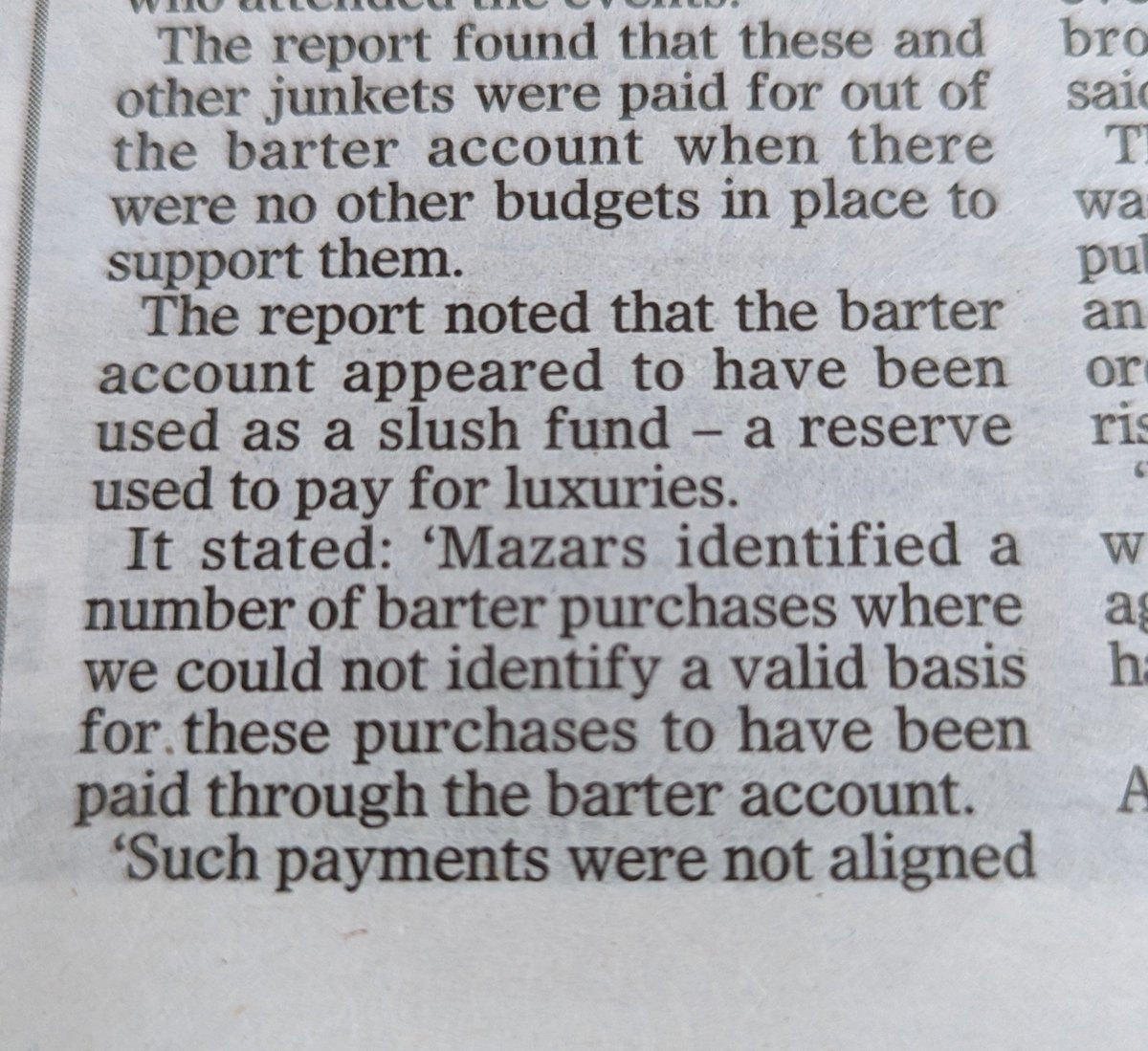 Page 43 Irish Mail on Sunday ... 'Crucially Mazars found the barter account was used for expenses that could never be justified by any orthodox accounts department. ' Great reporting by @Nicola6byrne Why isn't this level of analysis being covered elsewhere?