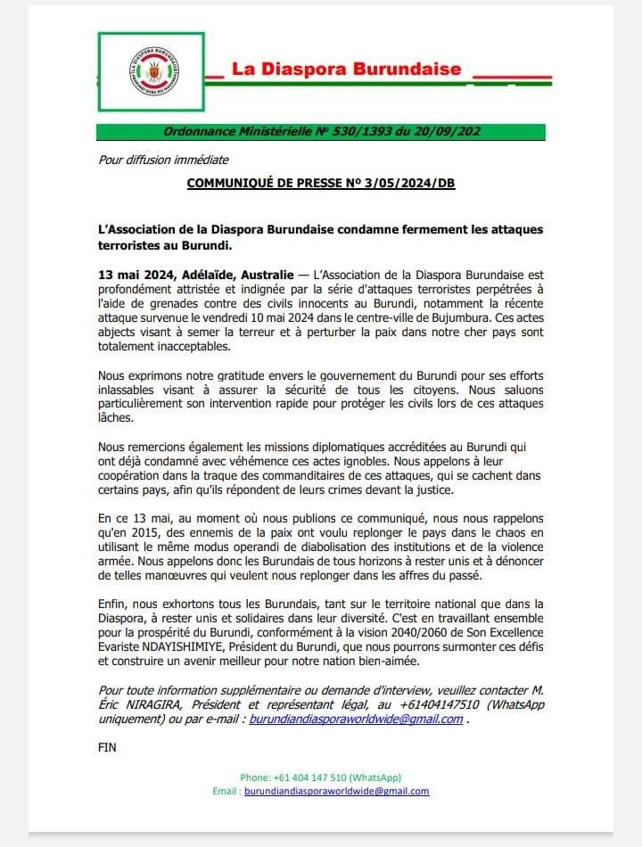 L’Association de la Diaspora Burundaise condamne fermement les attaques terroristes au #Burundi.

Communiqué 👇