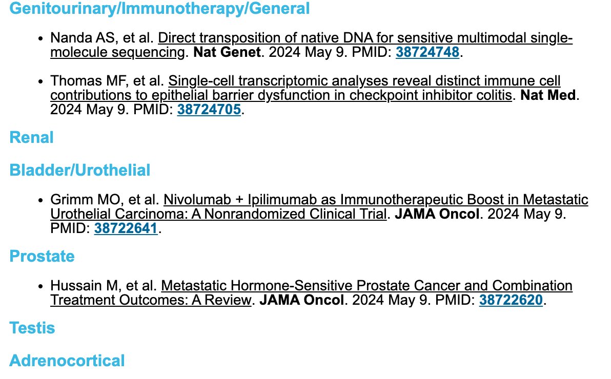 GU Research Digest for the week of May 4 - 10: a selection of publications about GU cancers in high-impact journals. Search the PMIDs on pubmed.ncbi.nlm.nih.gov to read!