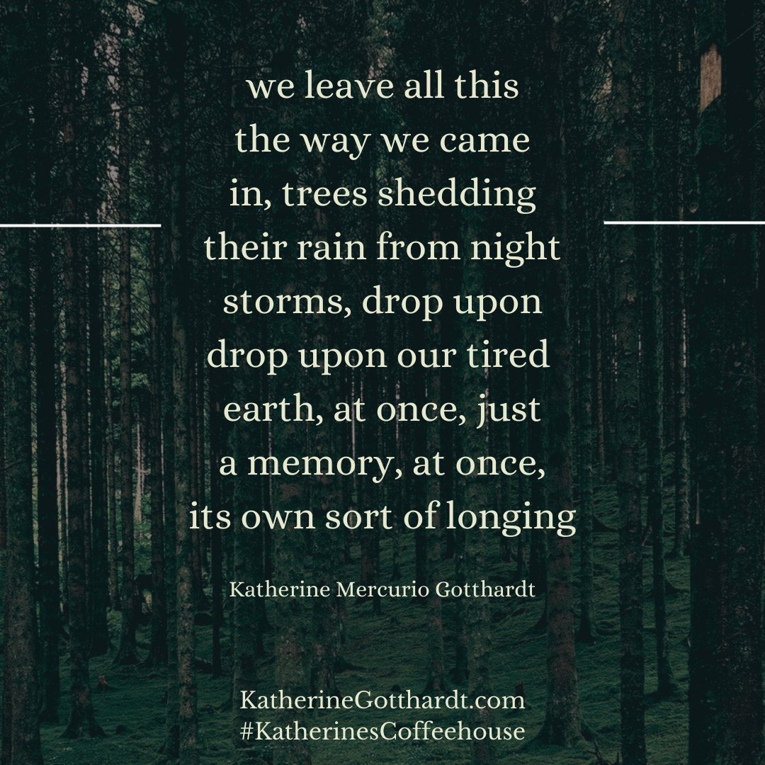 Have you ever listened to raindrops falling from leaves the morning after a storm? That's poetry, my friends. 💜 Enjoy your Monday. 

#KatherinesCoffeehouse #poem #poetry #MondayMotivation #creativity #metaphors