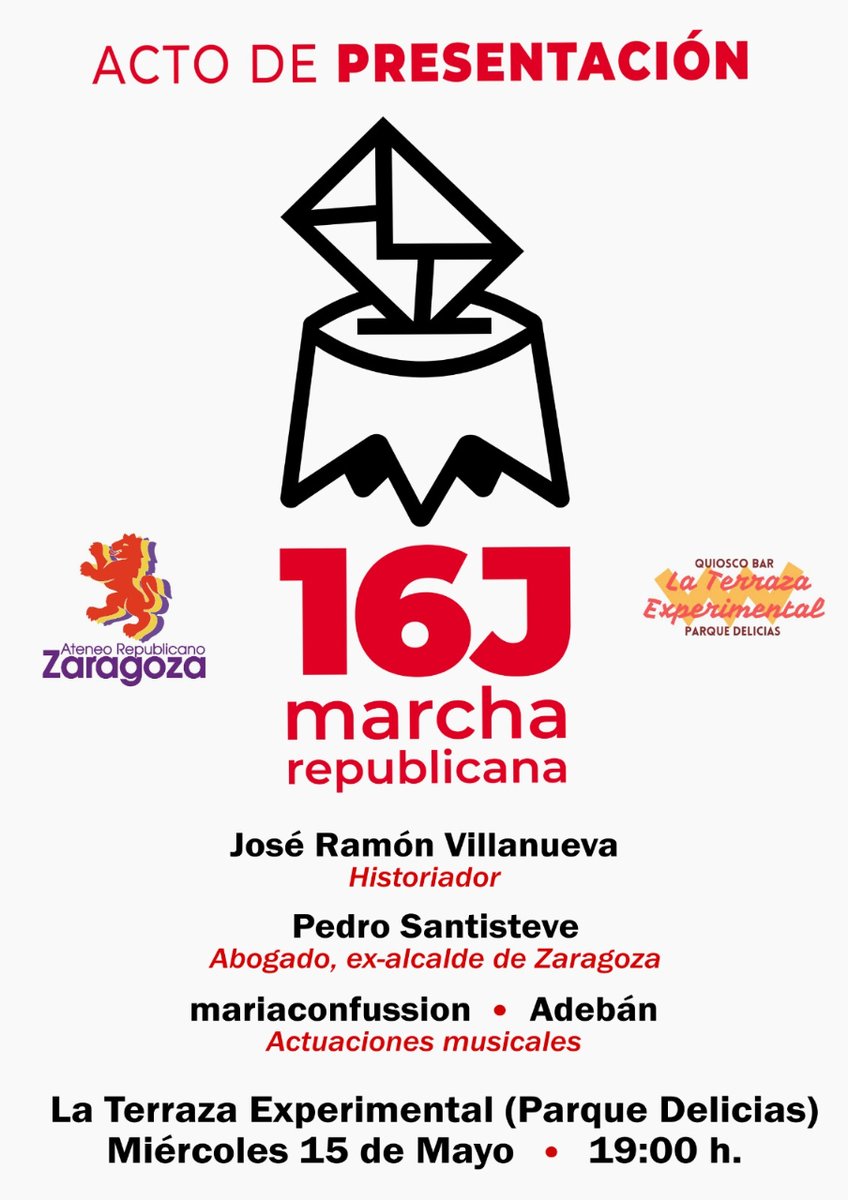 El @AteneRepubliZGZ organiza la presentación en Zaragoza de la Marcha Republicana del 16J (@Republica16J). Este miércoles con José Ramón Villanueva, @PedroSantisteve, @mariaconfussion y Adebán: arainfo.org/?p=287568