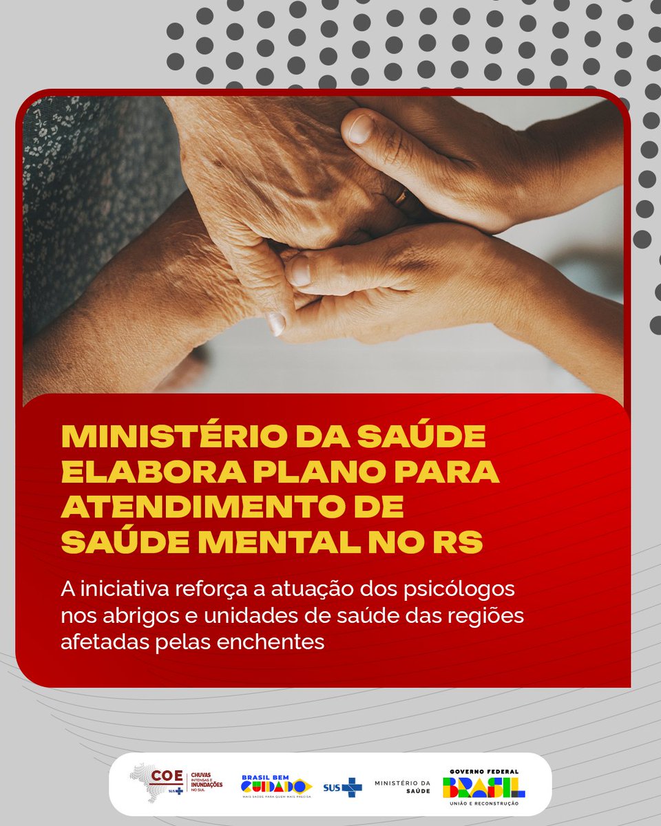minsaude's tweet image. O Ministério da Saúde elabora um plano para atendimento de saúde mental no Rio Grande do Sul, que vai balizar toda a assistência. O documento terá três eixos: um totalmente focado na população; outro cuidará da saúde mental dos trabalhadores que estão atuando na tragédia; e o…