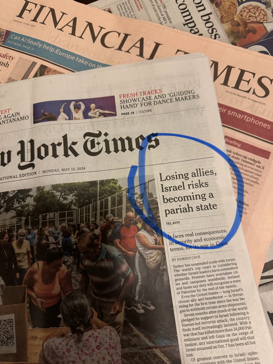 When the New York Times front page actually says 'Israel risks becoming a pariah state' as bold as this then I'm afraid friends have to tell them they have lost the global battle for hearts and minds - this fan hitter must be reversed.