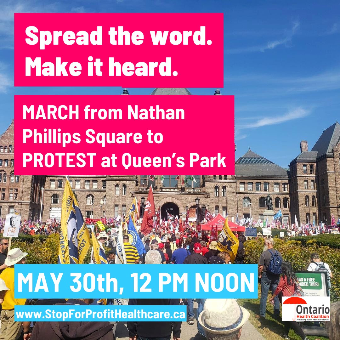 Don’t let the Ford government destroy public healthcare. Share the upcoming May 30 rally with everyone - let’s make a major show of strength and pressure them to stop privatising our healthcare.

StopForProfitHealthcare.ca

#PeopleOverProfit #StopForProfitFord #Stop2TierFord #onpoli