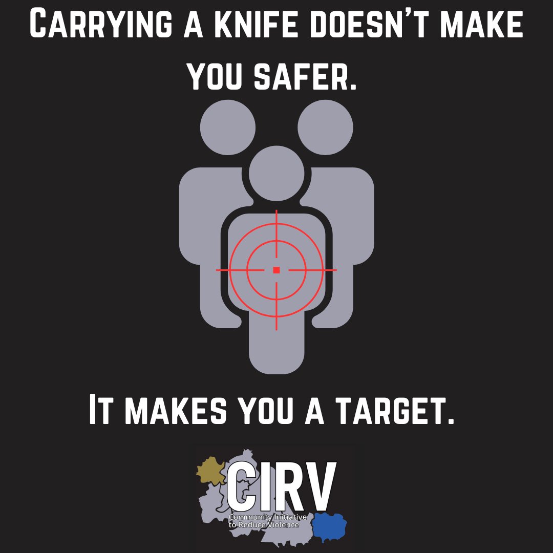 Myth: carrying a knife protects you. 
Reality: You are more likely to be a victim of a stabbing if you carry a knife. 

#CIRV #Coventry #Westmidlands #Police #Countylines #Violence #Weapons #Changelife