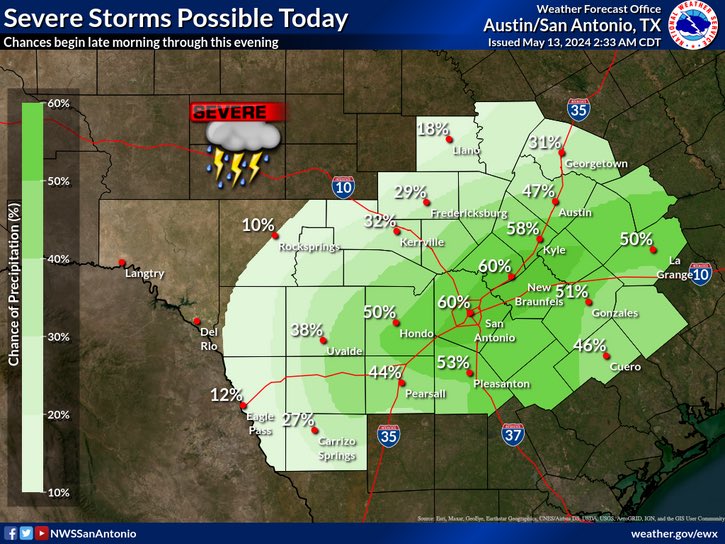 Monday: active weather day ahead … some fog early today. Mostly cloudy with a 50-50 chance of showers and thunderstorms with some of the storms possibly severe. Large hail the biggest risk. Late morning into early evening timing. Highs in the mid 80s.