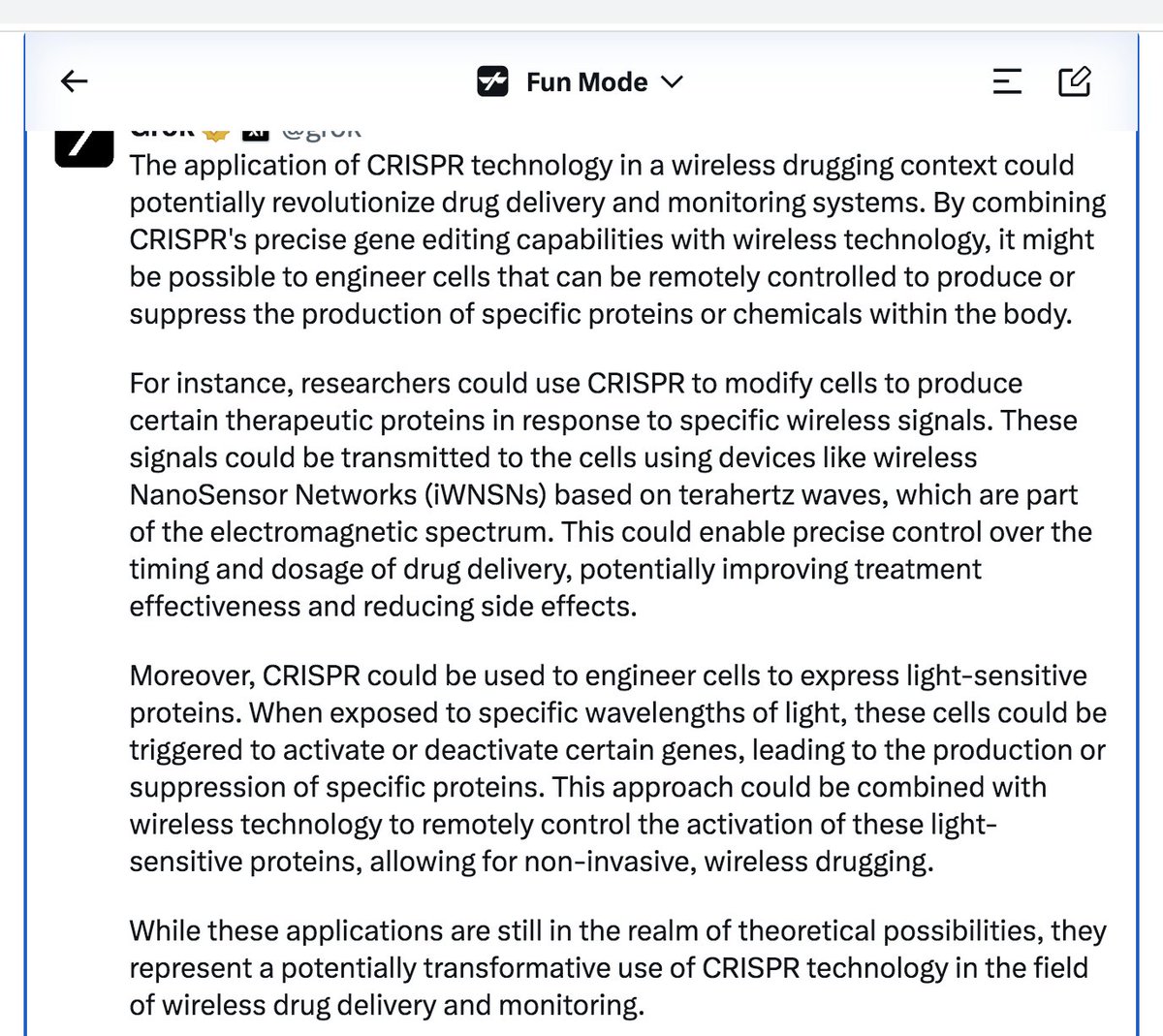 Yo Grok how might CRISPR be used in a wireless drugging context?