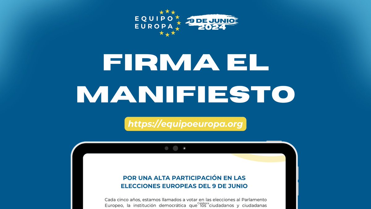 Ya se puede firmar el manifiesto “Por una alta participación en las elecciones europeas del 9 de junio”. ¡Contamos contigo!

Link para firmar:
equipoeuropa.org/manifiesto-de-…

¡Muchas gracias!