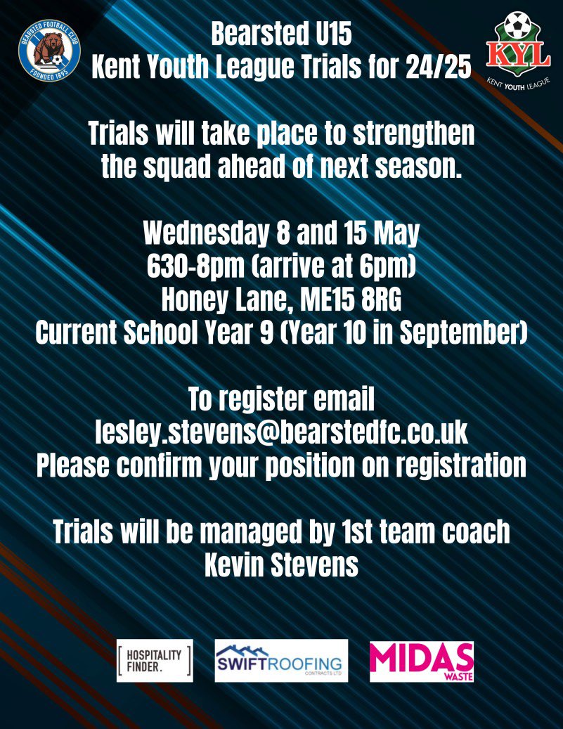 Under 15 Kent Youth League trials will take place on 15 May. If you are in current school year 9 and interested you can register by emailing lesley.stevens@bearstedfc.co.uk #bearstedfc #bears #kentyouthleague