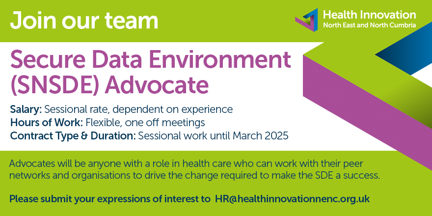 📢 Are you a #healthcare professional interested in making the Secure Data Environment (#SDE) a success in the North East North Cumbria? HI NENC is looking for an SDE Advocate to join the Programme. 

Find out more and express your interest 👇 
healthinnovationnenc.org.uk/who-we-are/joi…
