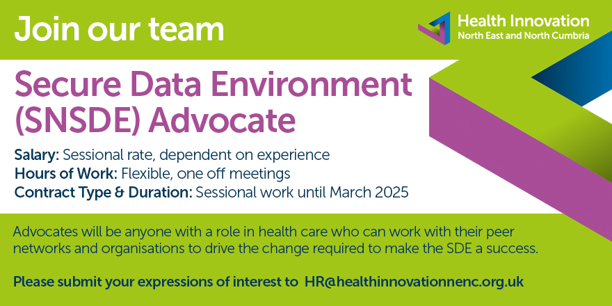 📢 Are you a #healthcare professional interested in making the Secure Data Environment (#SDE) a success in the North East North Cumbria? HI NENC is looking for an SDE Advocate to join the Programme. Find out more and express your interest 👇 healthinnovationnenc.org.uk/who-we-are/joi…