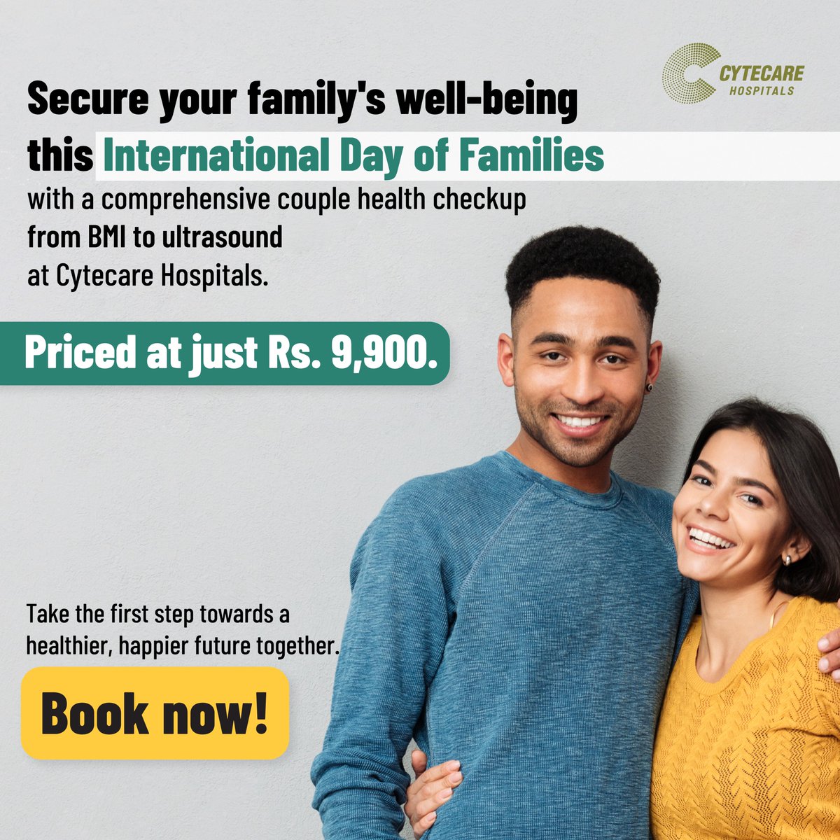 Celebrate the strength of family bonds with a proactive step towards health! Book a comprehensive couple health check-up at Cytecare Hospitals for just 9,900 rupees. Invest in your family's well-being this International Day of Families.

#FamilyHealth #healthcheckup