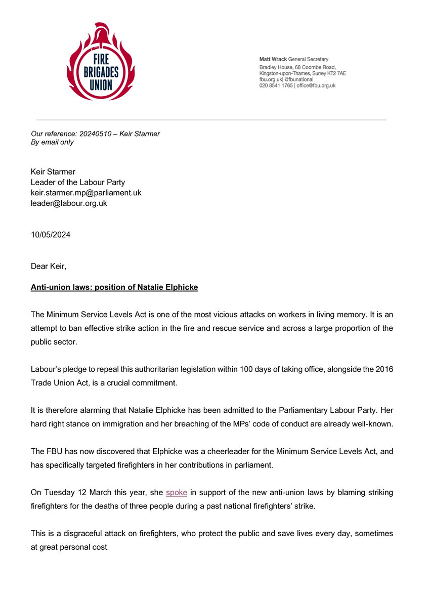 Labour's commitment to repealing anti-strike laws is crucial for workers' rights. In March, Natalie Elphicke MP defended these draconian laws with a disgraceful attack on firefighters. @MattWrack has raised alarm at Elphicke's defection in a letter to Keir Starmer this weekend