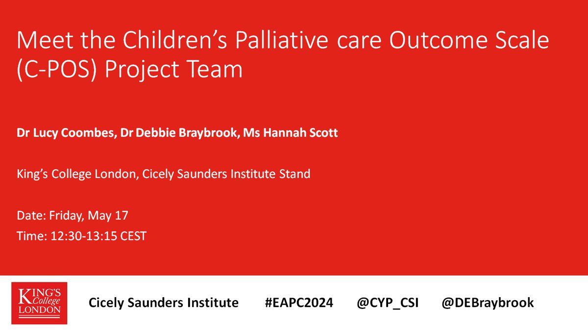 CYP Research in Palliative Care (@cyp_csi) on Twitter photo Attending #EAPC2024 today? Don't miss the chance to 'Meet the C-POS Team' (<a href="/DrLucyCoombes/">Lucy Coombes</a>, <a href="/DEBraybrook/">Debbie Braybrook (she/her)</a>, <a href="/HannahM_Scott20/">Hannah Scott</a>) between 12:30-13:15 CEST at the <a href="/CSI_KCL/">Cicely Saunders Institute at King's</a> stand <a href="/EAPCvzw/">EAPC VZW</a> Attending #EAPC2024 today? Don't miss the chance to 'Meet the C-POS Team' (<a href="/DrLucyCoombes/">Lucy Coombes</a>, <a href="/DEBraybrook/">Debbie Braybrook (she/her)</a>, <a href="/HannahM_Scott20/">Hannah Scott</a>) between 12:30-13:15 CEST at the <a href="/CSI_KCL/">Cicely Saunders Institute at King's</a> stand <a href="/EAPCvzw/">EAPC VZW</a>