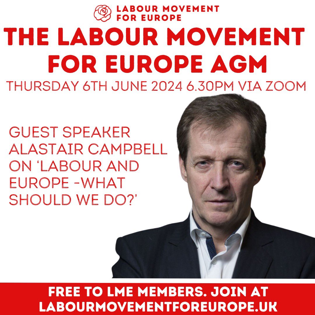 Join our AGM on Thursday 6th June at 6:30pm with special guest speaker @campbellclaret to discuss ‘Labour and Europe- What should we do?’ and the oversight of the Labour Movement for Europe. This meeting is open to members only. Join here to attend: labourmovementforeurope.uk/join