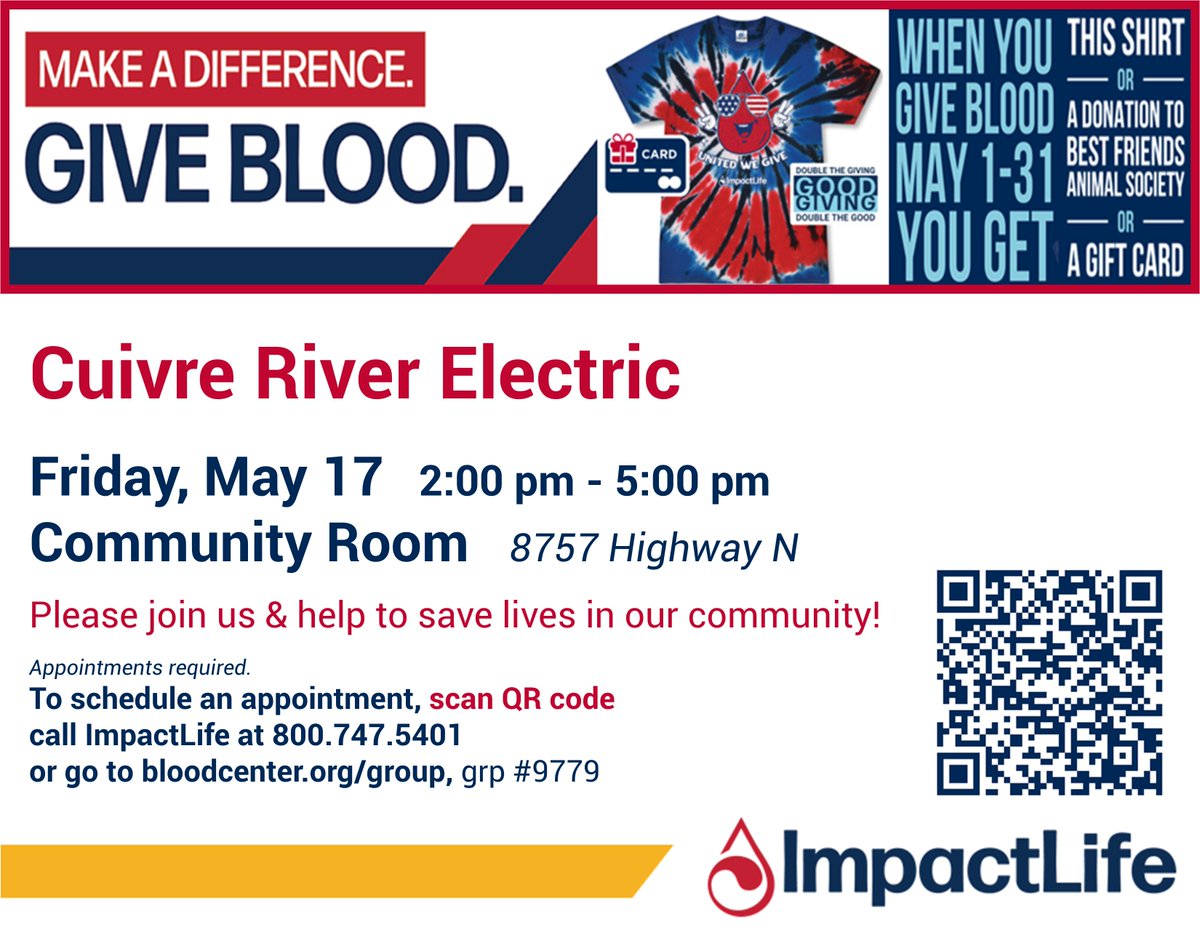 Join us and @impactlifeblood this Friday, May 17th to help us save lives in our community! Appointments are required. Learn more and register at bloodcenter.org/group and use #9779