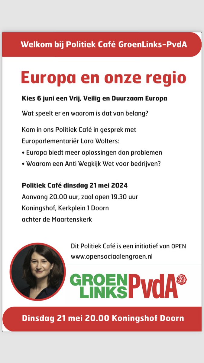 sociaalengroen's tweet photo. 21 mei komt topkandidaat @larawoltersEU bij ons Politiek Café! https://t.co/JuZ5vNPzW2