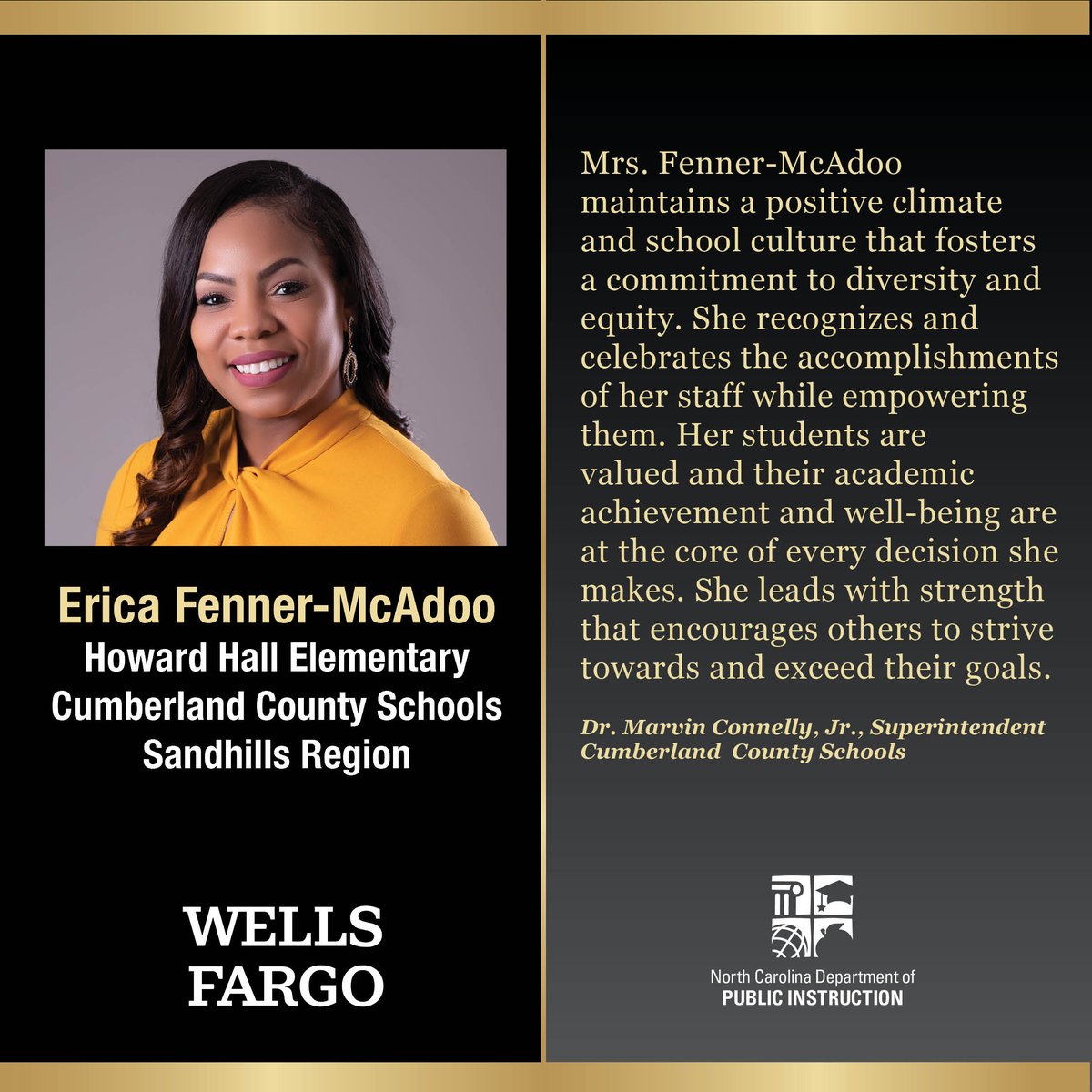 Who will be the next @WellsFargo 2024 NCPOY? Meet our Sandhills Region POY Erica Fenner-McAdoo. Join us May 24 at 12 pm for pre-show & NCPOY ceremony livestreams at youtube.com/ncpublicschools & facebook.com/ncpublicschools with support from @EquitableFin & @MyPBSNC.