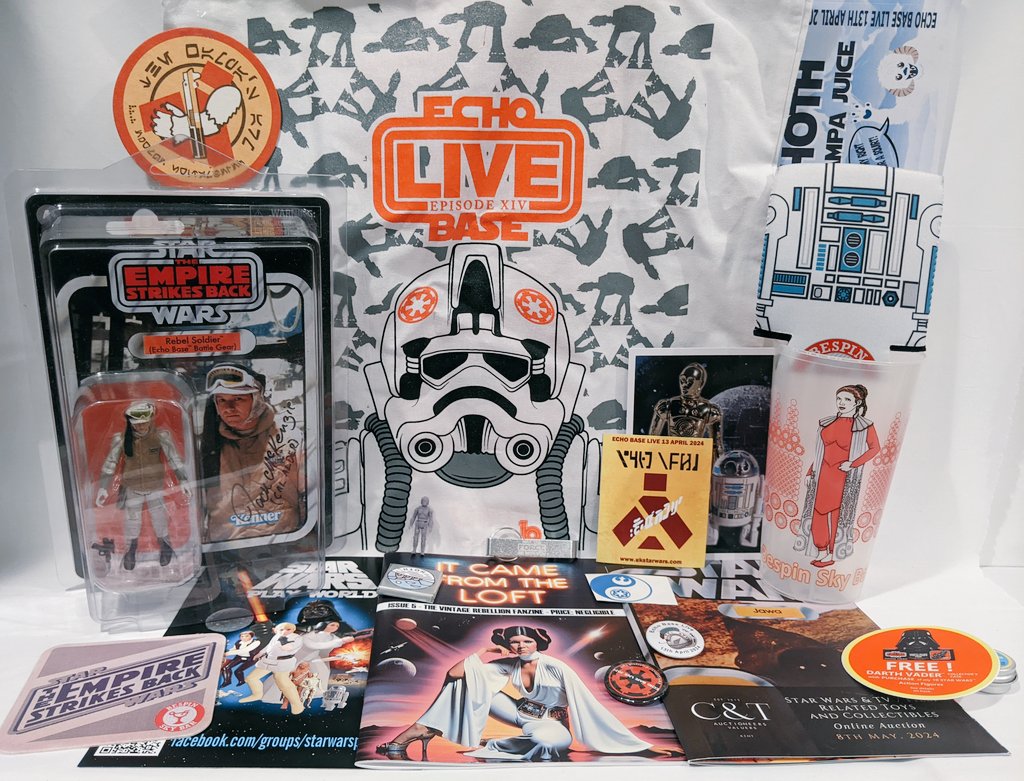 For #MailCallMonday this week comes this visual overload of Spring '24 #EchoBase goodies/swag as provided by my pal @WookieeChips. Contents include Coasters, a Koozie, Brochures, Stickers, Pins, a Cup, a Tote, and most impressively, a signed TVC Hoth Rebel Soldier figure. 🤯