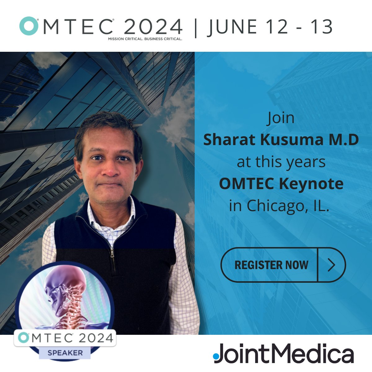 Exciting news! 📣 OMTEC 2024 is just one month away! JointMedica President, Sharat Kusuma, MD, will share the stage with Dr. Ira Kirschenbaum MD, Editor in Chief of JOEI, at this year's OMTEC Keynote. They'll be diving into the theme 'Surgeon Entrepreneurs Identify Opportunities