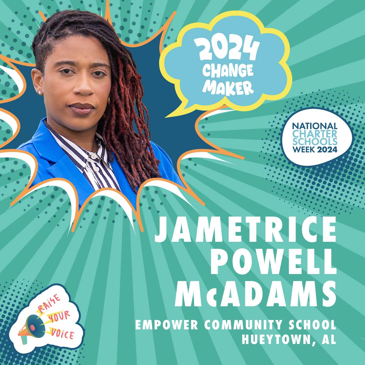 Congratulations to Jametrice Powell-McAdams of Empower Community School for being a @charteralliance Changemaker Award Recipient !

Reas more at publiccharters.org/awards-program…

#charterschoolweek #Alabama #alabamapubliccharters