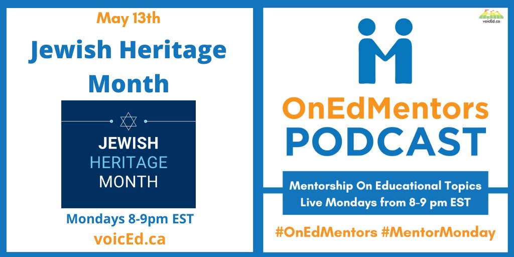 Tonight, on #OnEdMentors, host <a href="/iamnoadaniel/">Noa Daniel, MEd</a> welcomes <a href="/HummelJeanette/">Jeanette Hummel</a>, <a href="/michestace_/">Michelle Sadowski</a>, <a href="/MSmithTVDSB/">M. J. Smith</a>, <a href="/bigbenbain/">Ben Bain</a>, and Sam from  <a href="/LaadCanada/">La'ad Canada</a> to discuss #JewishHeritageMonth in order to help educators celebrate &amp; teach about the many contributions that Jews have made to our country.