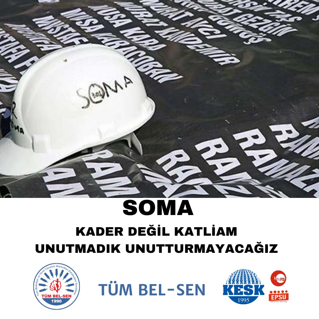 SOMA KADER DEĞİL KATLİAM UNUTMADIK UNUTTURMAYACAĞIZ Tam 10 yıl önce SOMA’ da büyük bir işçi katliamı yaşandı. Bu katliamda yaşamını yitiren 301 madenciyi saygıyla anıyor, ailelerine bir kez daha başsağlığı diliyoruz. Aradan 10 yıl geçmiş olmasına rağmen bu katliamın adalet yerini