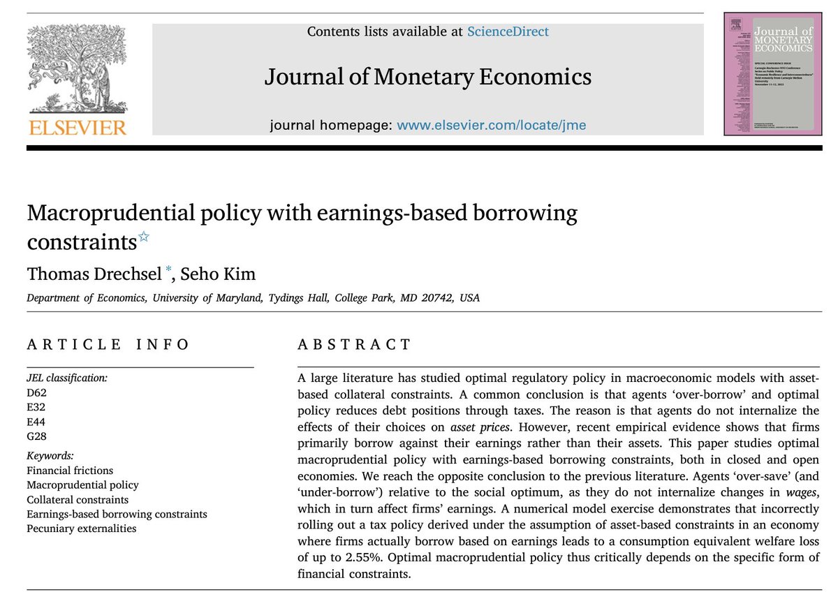 My paper with Seho Kim

'Macroprudential policy with earnings-based borrowing constraints'  

is now in press at the 𝑱𝒐𝒖𝒓𝒏𝒂𝒍 𝒐𝒇 𝑴𝒐𝒏𝒆𝒕𝒂𝒓𝒚 𝑬𝒄𝒐𝒏𝒐𝒎𝒊𝒄𝒔
authors.elsevier.com/a/1j3ll15DWH-H…

Thank you to everyone who provided helpful feedback on this work!