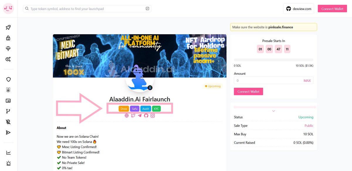 👉Congratulations to the Alaaddin ai team for fulfilling the requirements and receiving the #Pinksale #Safu badge. 🔥 The Safu badge is one of many safety features projects can utilize at Pinksale protecting investors. 🚀 Check them out below: pinksale.finance/solana/launchp… #SOL