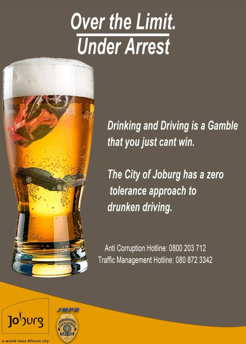 A total of 129x motorists arrested for Driving Under the Influence of Alcohol by #JMPD officers in operations conducted throughout the city from 6-12 May 2024. DUI risks lives & is a serious offence. Be responsible - plan, & use designated drivers or public transport. #JHBTraffic
