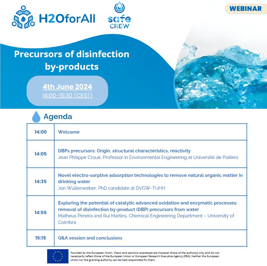 ZeroPollut23533's tweet image. 🔔NEW WEBINAR 

👉Join the upcoming #webinar of the @ZeroPollut23533  sister projects @safeCREW_org &amp;amp; @PH2oforall , to explore strategies for preventing the formation of #DBPs in #drinkingwater.

➡️Register now: buff.ly/3Qxv3mM