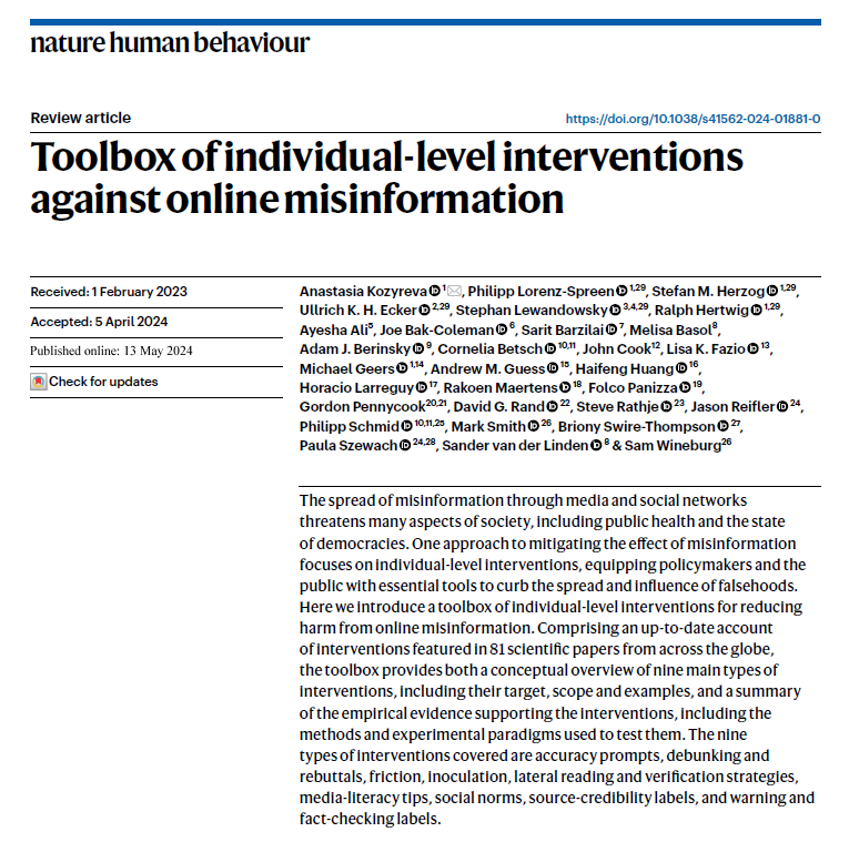 Our review paper “Toolbox of individual-level interventions against online misinformation” is out today in @NatureHumBehav! Truly a team effort by an international group of experts. Thread 1/10🧵👇 nature.com/articles/s4156…
