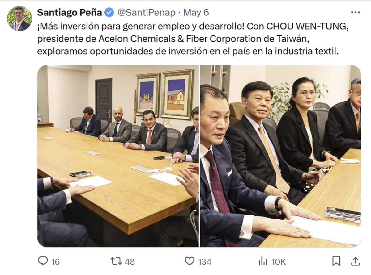chiqui_avalos's tweet photo. GONZALO PEÑA, hijo del Presidente Santiago, integra la delegación oficial a Washington y Taiwan. En este último caso, de acuerdo a nuestras fuentes habrían intereses particulares ya que es propietario de una marca MUAR que opera en el rubro de tejidos, y ya se reunió con los enviados de la misma hace unos días en Asunción.
Esta simbiosis oficial con intereses particulares ya han sido frecuentes en varias administraciones en la última década.
Pero, hay mas.