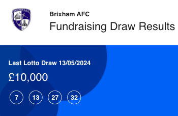Brixham AFC Lotto 7, 13, 27 & 32 - No jackpot winners. Lucky Dip Winners Sarah Robinson Playslip ID: 393277 - £50 Tim Porter Playslip ID: 393339 - £25 Chris Corbishley Playslip ID: 393332 - £25 Sign up here...tinyurl.com/2cvnz3pt Thank you for supporting us 🐟🐟🐟