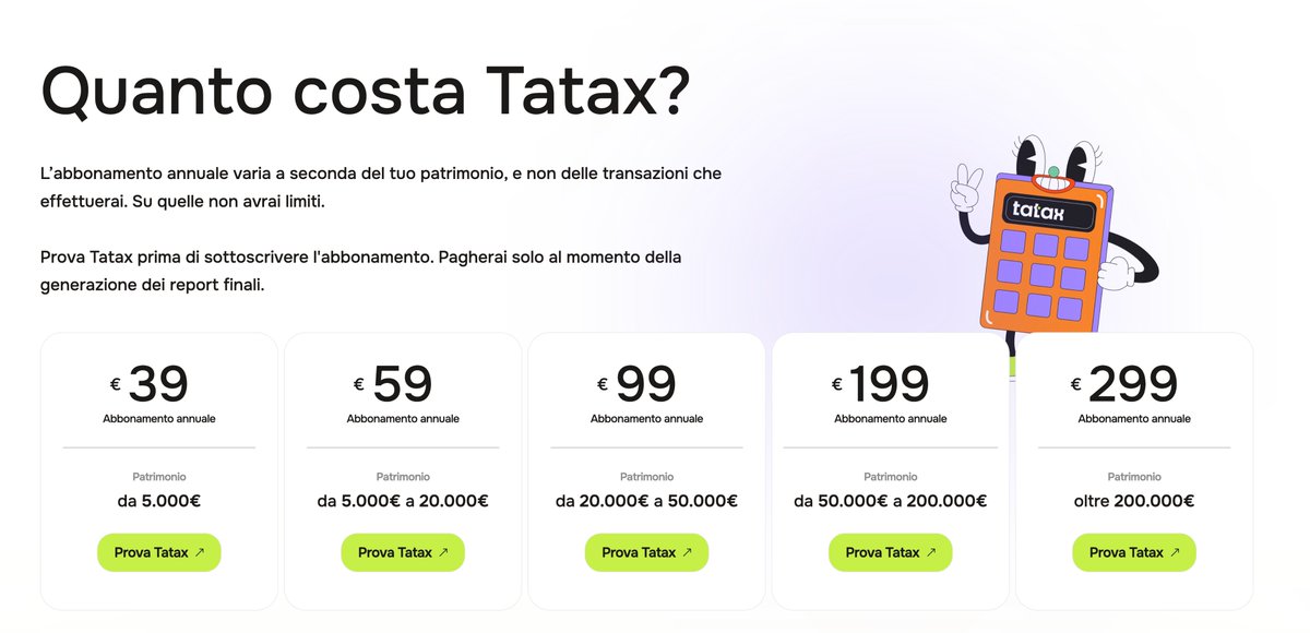 tatax_app's tweet image. 🔥CI SIAMO: È ONLINE IL SITO DEFINITIVO DI TATAX, CON DATA DI USCITA E ALCUNE SORPRESE!!

1️⃣ Abbiamo letto i vostri feedback sul pricing, e vi abbiamo ascoltato.

Abbiamo aggiunto una fascia intermedia, per i patrimoni tra 5.000 e 20.000€, al costo di 59€ / anno

Ecco il…
