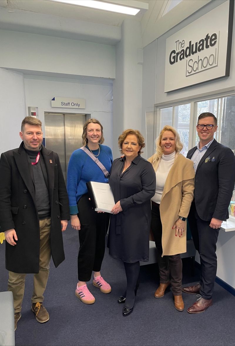 Congratulations to DICE Labs Team Member Dr. Patrice Duffy who recently defended her DBA thesis at John Moores University. She is pictured here with her supervisors Dr. Madeleine Stevens and Dr. Hannah Wilson and examiners Dr. Aggelos Panayiotopoulos and Dr. Ronan Carbery.
