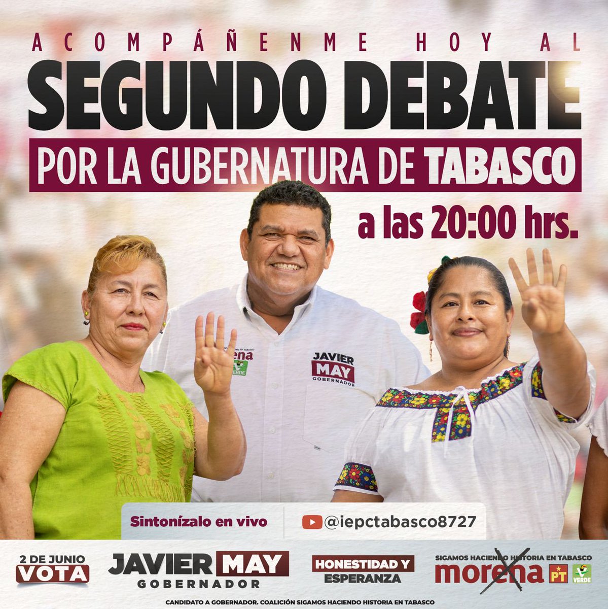 Nos vemos hoy en el segundo debate por la gubernatura de Tabasco a las 20:00 hrs. ¡Vamos a ganar el debate y la elección! #JavierMayGobernador