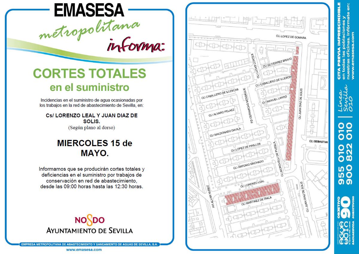 15/05 #Corte en el suministro de #TuAgua por trabajos en la red de abastecimiento en las C/s Lorenzo Leal y Juan Díaz de Solís en #SevillaHoy @Ayto_Sevilla ⌚ De 09:00 a 12:30 h. Gracias y disculpen las molestias. #TrabajamosParaTi EMASESA. #TuEmpresaPúblicaDelAgua