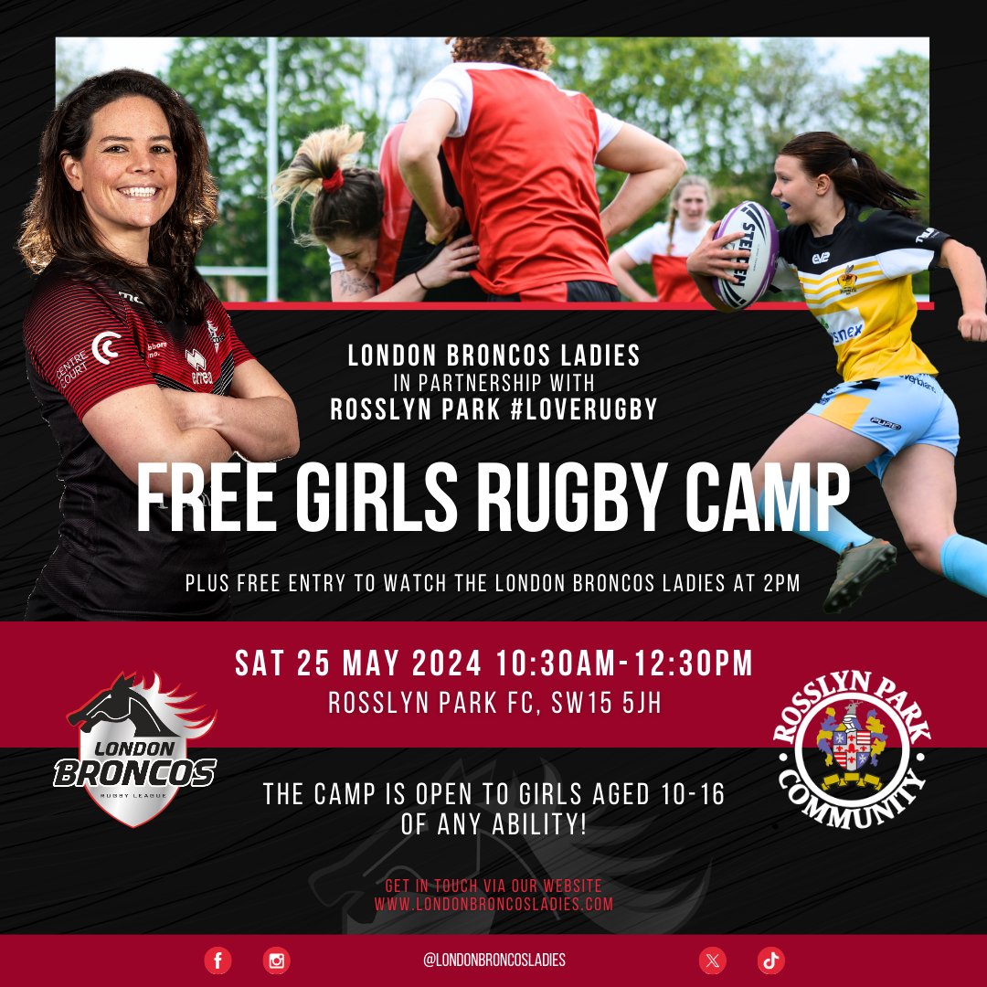 FREE GIRLS RUGBY CAMP 💪

Join our girls #LoveRugby camp in partnership with <a href="/rosslynpark/">Rosslyn Park</a> 🔥

PLUS stay to watch the London Broncos Ladies play at 2pm for FREE

⏰ 10:30am - 12:30pm
🗓 Saturday 25th May
🏉 Girls age 10-16

Sign up now ➡️ tickettailor.com/events/rosslyn…

#WeAreLondon 🐴