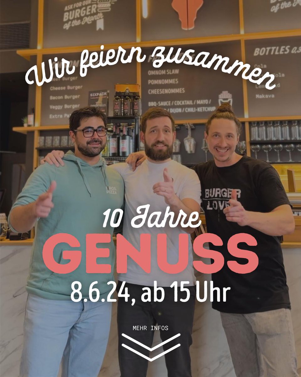 10 Jahre Genuss! 🍔🍺 Das muss gefeiert werden!

Wann: Sa, 8.6.24, ab 15:00 Uhr
Wo: The Nice Guys , 1030 Wien

Brew Age und Omnom Burger feiern zusammen ihr 10-jähriges Jubiläum. 🤘

Wir laden euch herzlich ein an diesem Tag mit uns zu feiern. 🥳🍔🍺🍕♥️