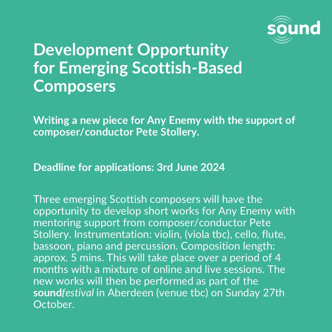 We are excited to announce two new development opportunities for six emerging Scottish-based composers. Find out more and apply: sound-scotland.co.uk/opportunities-1 #scottishcomposers #emergingcomposers #newmusic #soundfestival